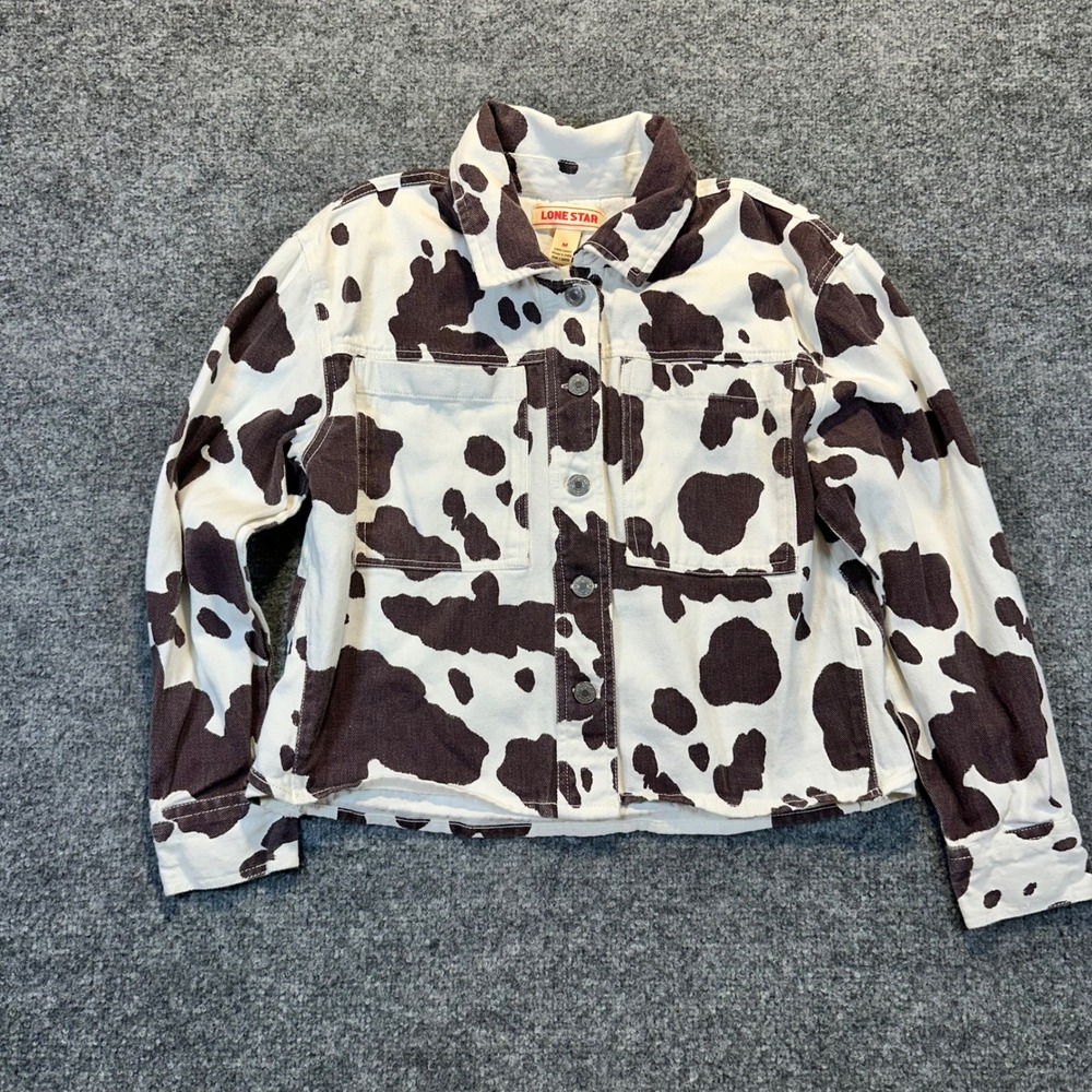 Lone Star Denim Jacket Women Medium‎ Brown White Cow Print Western Boho Shacket